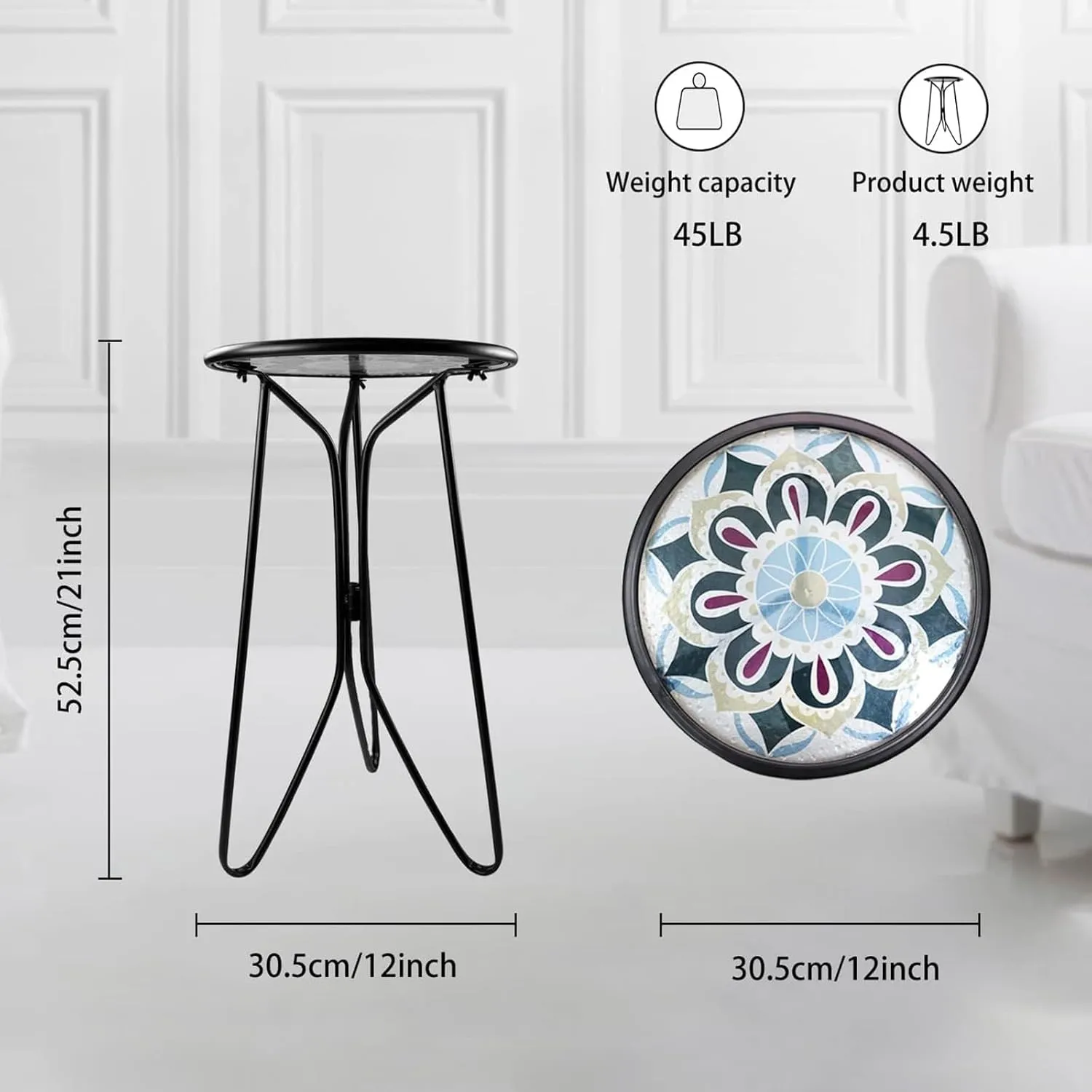 LIFFY Outdoor Side Table,12" Indoor Outdoor Round Glass Tabletop Accent Table with Metal Frame, Decorative Plant Stand & End Table for Patio, Garden, Yard, Kitchen, Porch