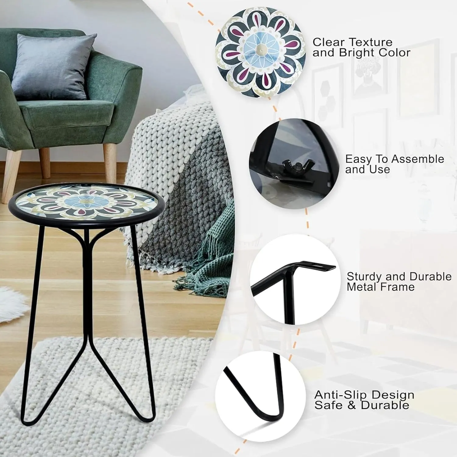 LIFFY Outdoor Side Table,12" Indoor Outdoor Round Glass Tabletop Accent Table with Metal Frame, Decorative Plant Stand & End Table for Patio, Garden, Yard, Kitchen, Porch