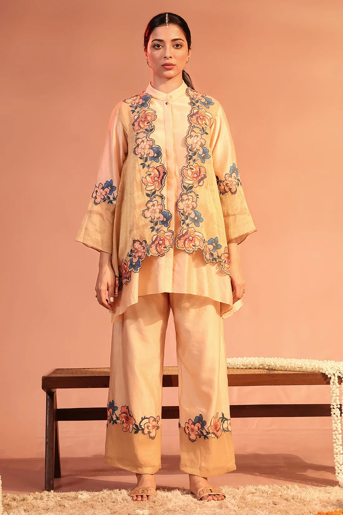 Light pink sadira embroidered kurta set with jacket