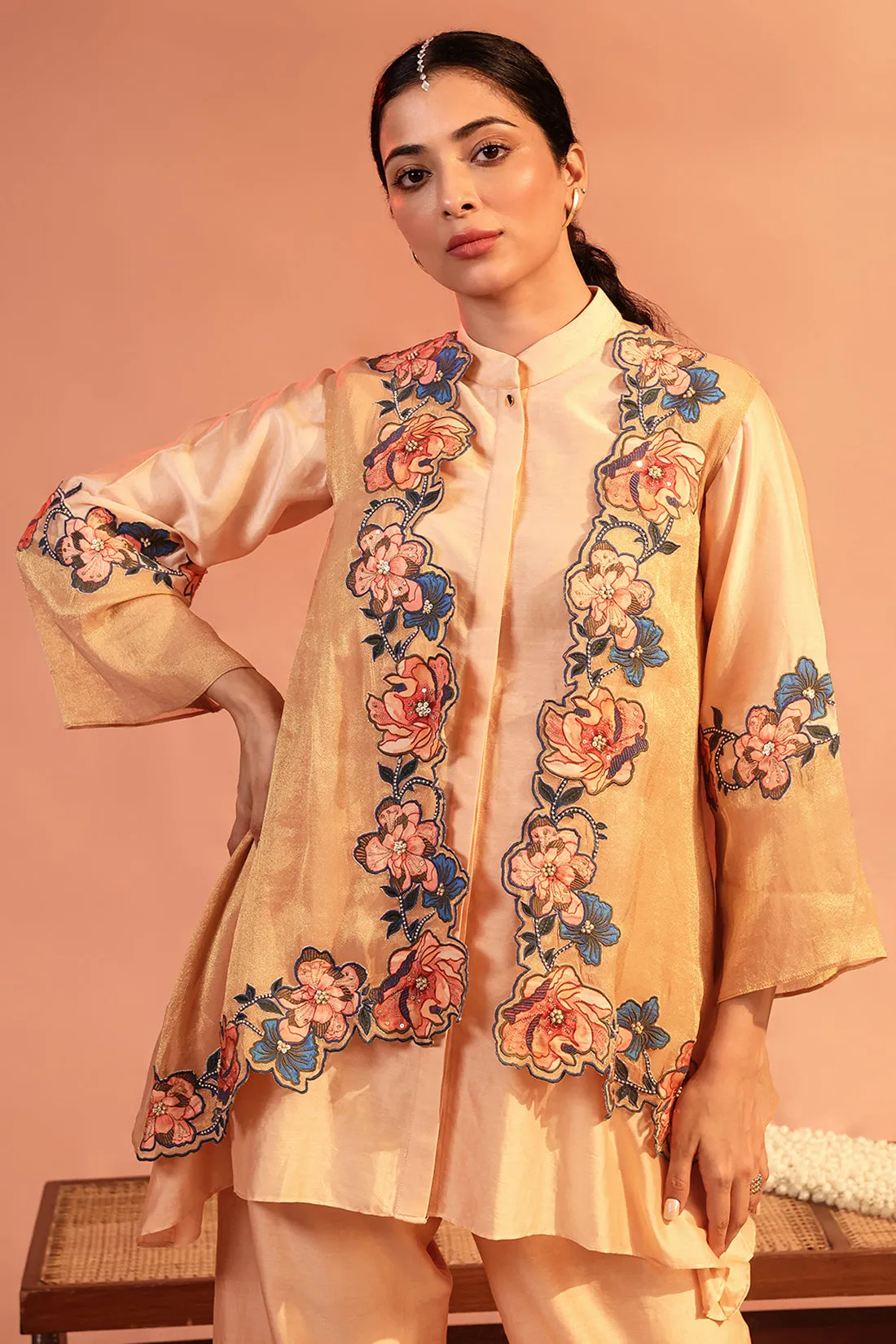 Light pink sadira embroidered kurta set with jacket
