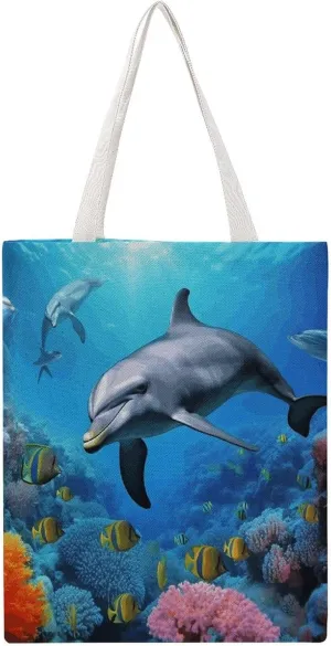 Lightweight Reusable Grocery Shopping Cloth Bag,Dolphin in The Coral Reef Print Canvas Tote Bag,shoulder Bag,Double-sided Pattern