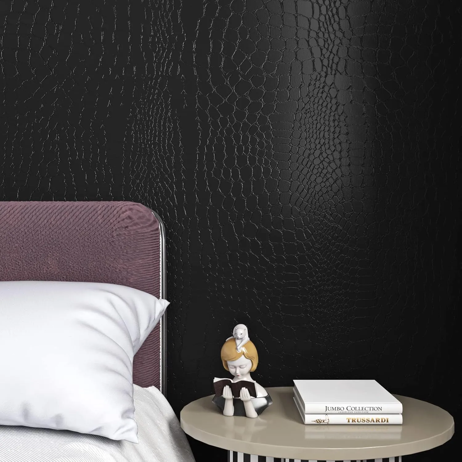 Livelynine 15.8x394 Crocodile Wallpaper Peel and Stick Faux Leather Wallpaper Removable Black Textured Wall Paper Sticker Pull and Stick Bedroom Living Room Contact Paper for Cabinets Headboard Books
