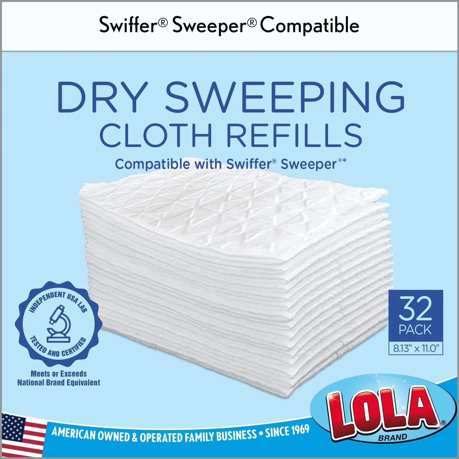 LOLA Products Dry Sweeping Cloth Refill Pads, Unscented, Compatible with Swiffer Floor Mop, Comparable to Swiffer Refills, 11" x 8.13", 32 Pack