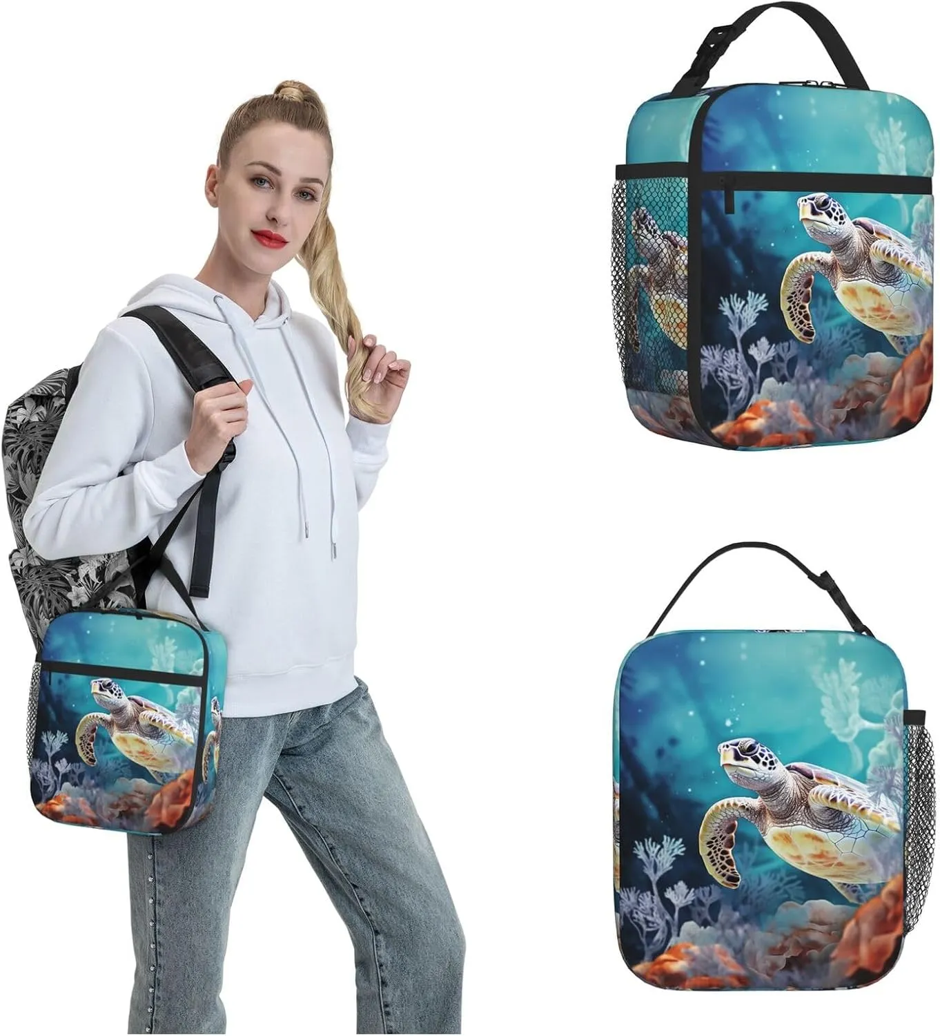 Lunch Bag for Men Women Turtle surrounded by coral Insulated Lunch Tote bag Lunch Cooler Tote Box for Work Picnic