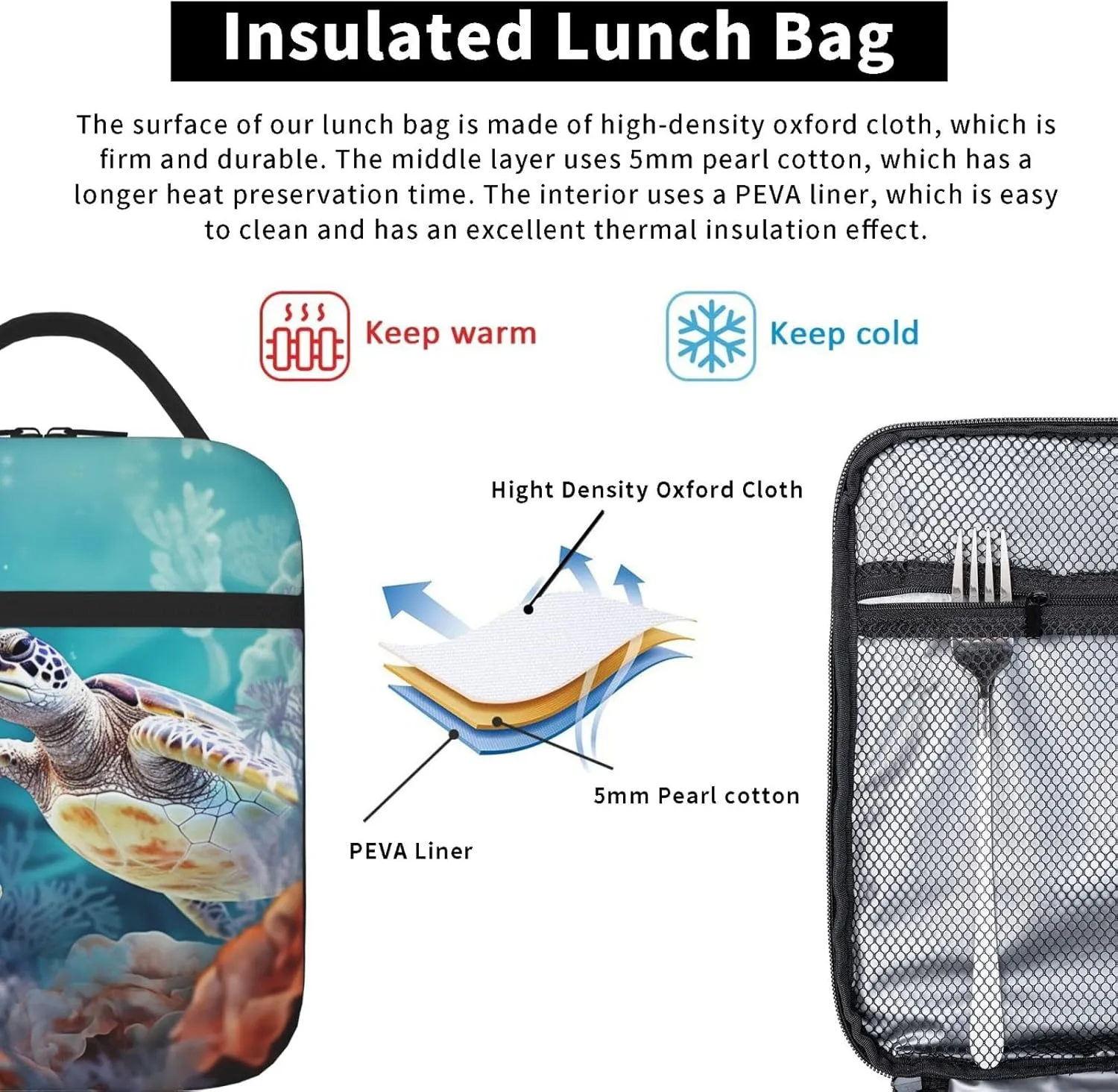 Lunch Bag for Men Women Turtle surrounded by coral Insulated Lunch Tote bag Lunch Cooler Tote Box for Work Picnic
