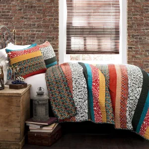 Lush Decor Boho Stripe Reversible Cotton Quilt 3-Piece Set, Full/ Queen, Turquoise & Tangerine - Bold Colorful Bohemian Bedding Set