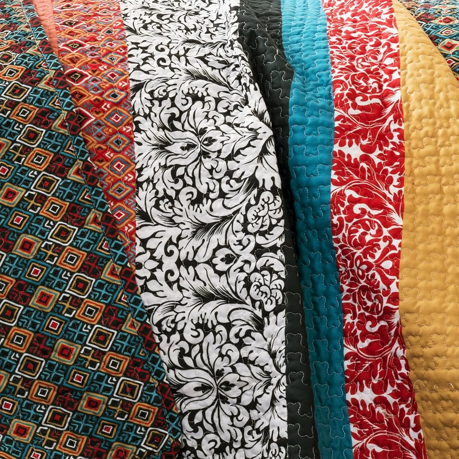 Lush Decor Boho Stripe Reversible Cotton Quilt 3-Piece Set, Full/ Queen, Turquoise & Tangerine - Bold Colorful Bohemian Bedding Set