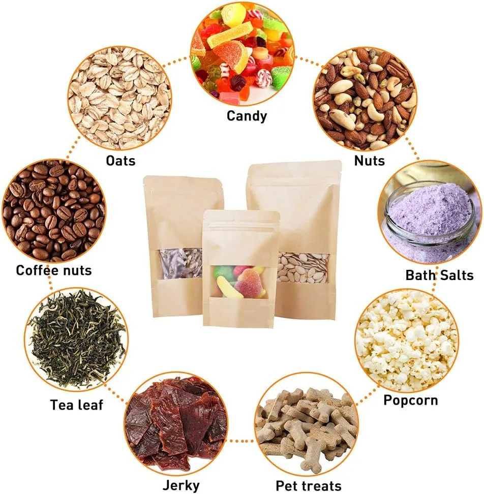 LZLPACKING Kraft Stand Up Pouches bags 100 Pcs,Brown Resealable Bags with Window for Home or Business,Coffee Bags,Zip Lock Food Storage Bags,Sealable Bags for Packaging(4.7×7.9)