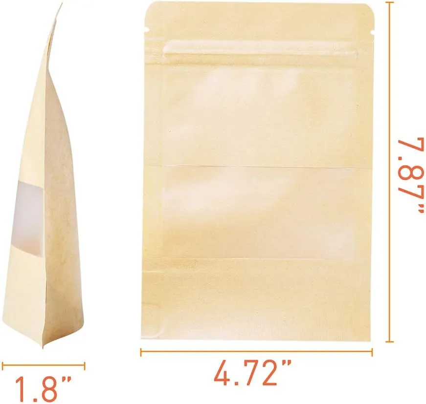 LZLPACKING Kraft Stand Up Pouches bags 100 Pcs,Brown Resealable Bags with Window for Home or Business,Coffee Bags,Zip Lock Food Storage Bags,Sealable Bags for Packaging(4.7×7.9)