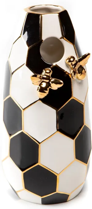 MACKENZIE-CHILDS Ceramic Flower Vase, Decor for Living Room or Bedroom, Black-and-White Queen Bee