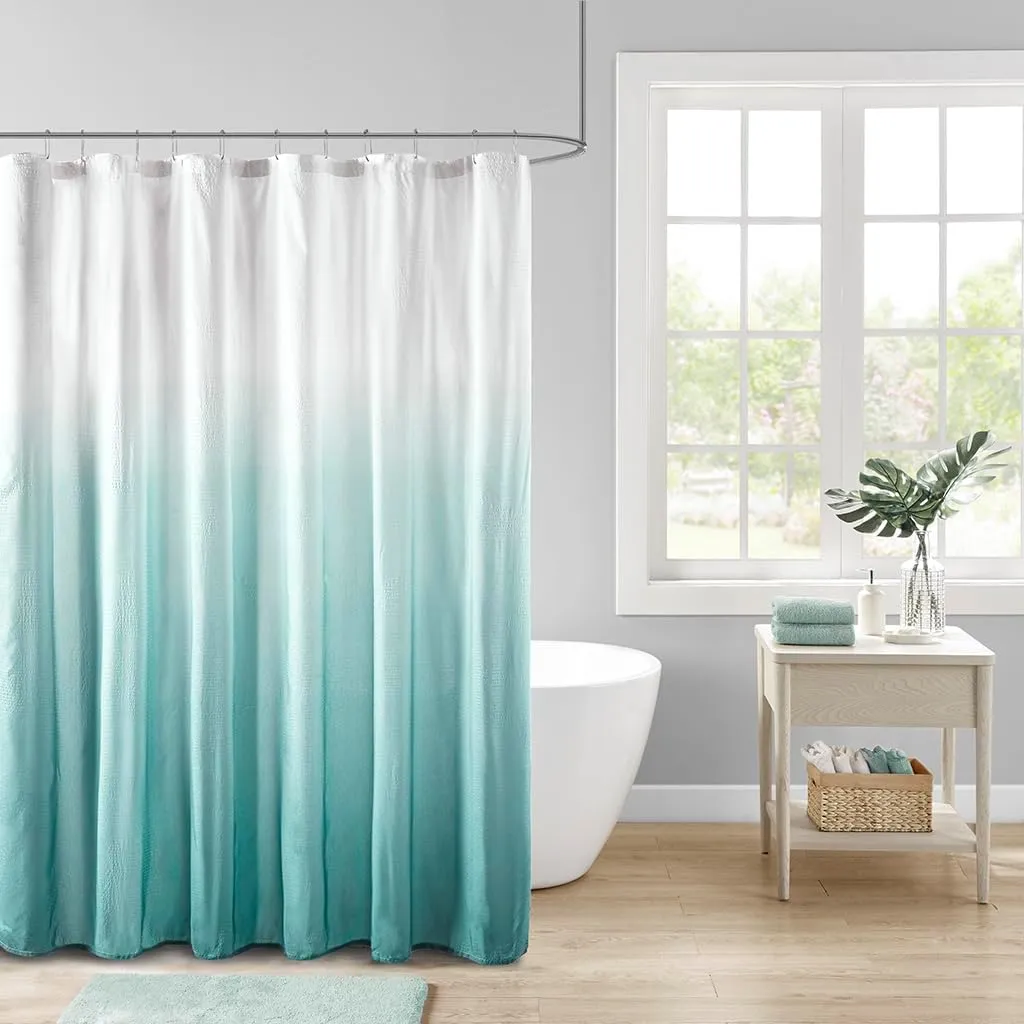 Madison Park Ara Shower Curtain, Seersucker Design Ombre Print, Modern Bathroom Decor, Machine Washable, Fabric Privacy Screen, 72x72, Aqua