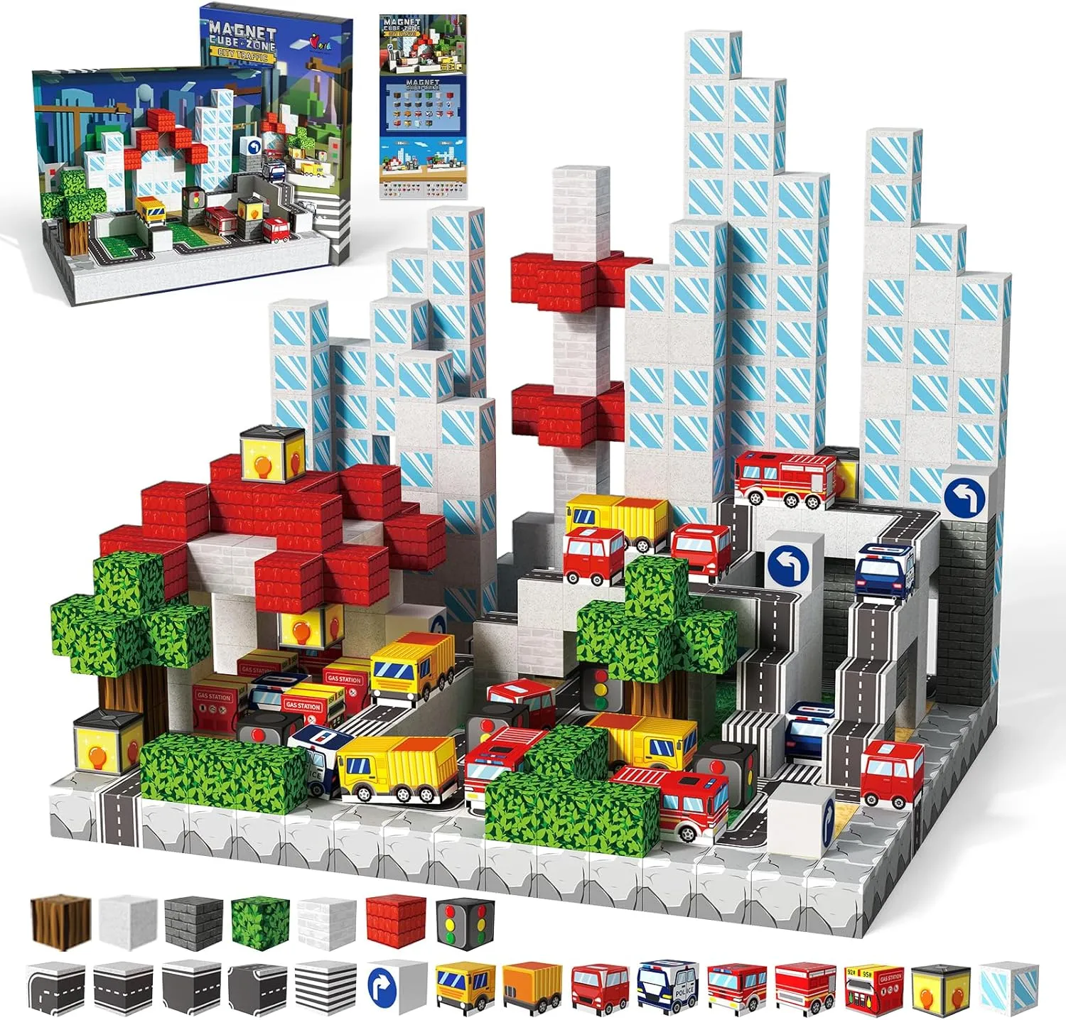 Magnetic Blocks with Multifunctional Magnet Packaging Box-100 PCS Magnetic Building Blocks Cubes for Kids Ages 3-12, Build City Traffic Sets for Travel & STEM Sensory Play, Ideal Gifts for Boys Girls