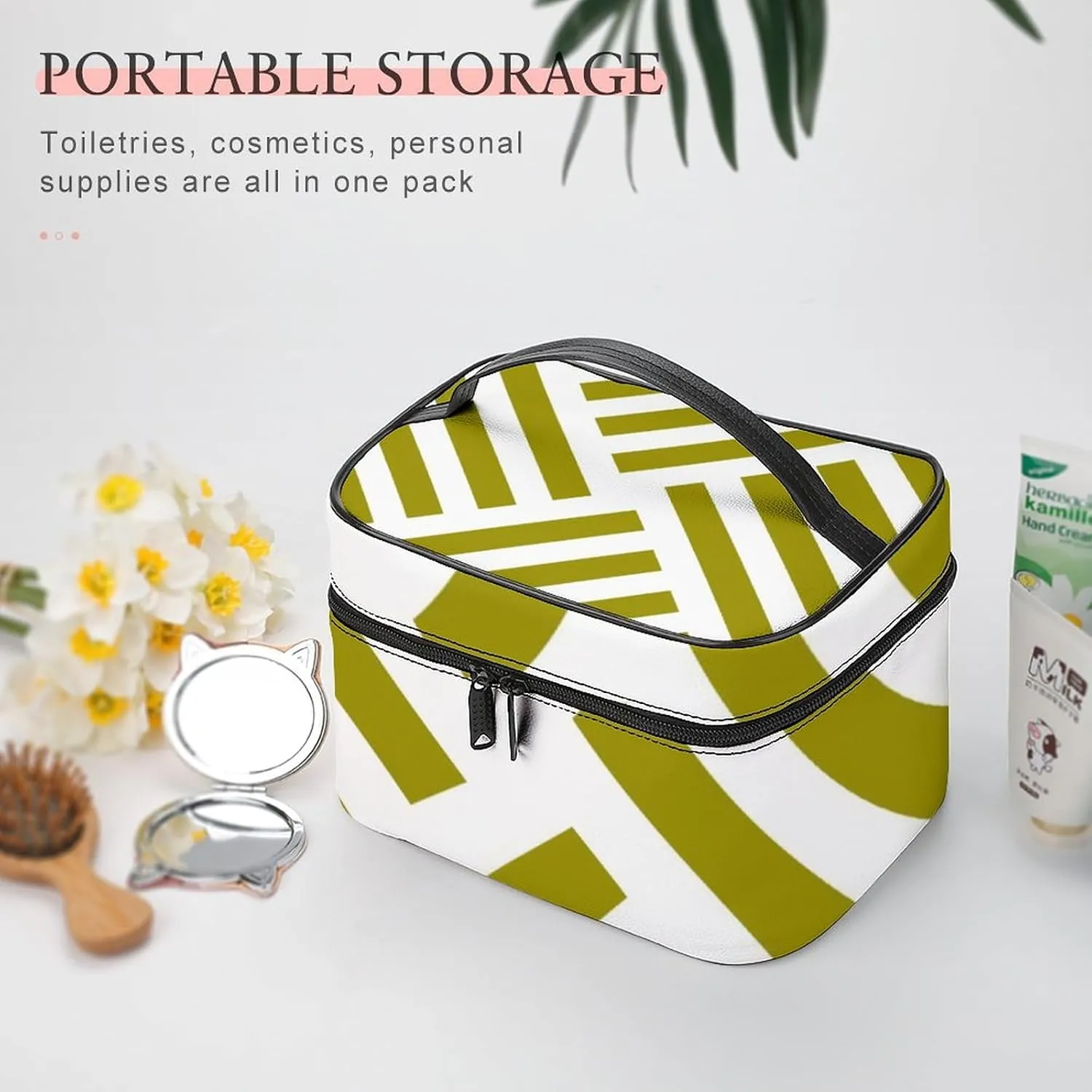 Makeup Bag, Geometric Stripe in Green Travel Cosmetic Bag Makeup Organizer Case Large Capacity Portable Zipper Toiletry Bag for Women