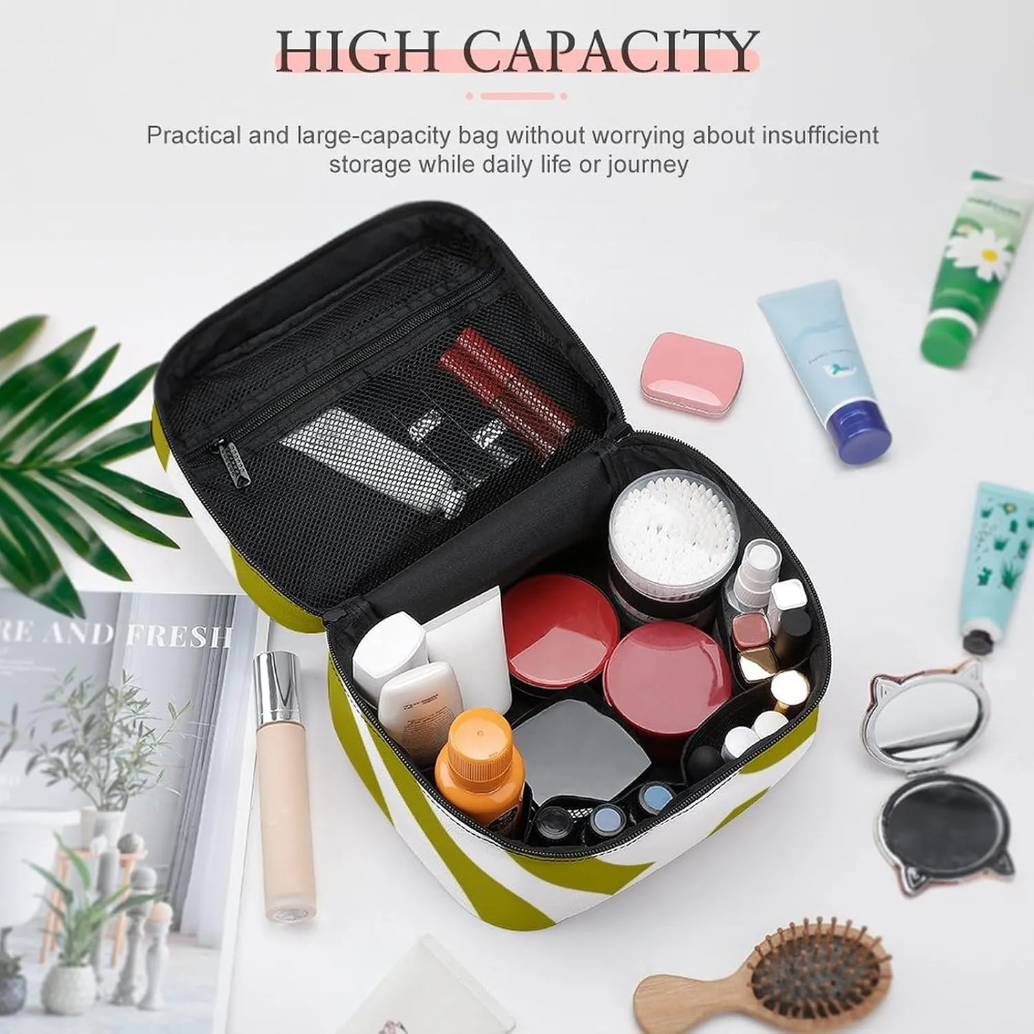 Makeup Bag, Geometric Stripe in Green Travel Cosmetic Bag Makeup Organizer Case Large Capacity Portable Zipper Toiletry Bag for Women