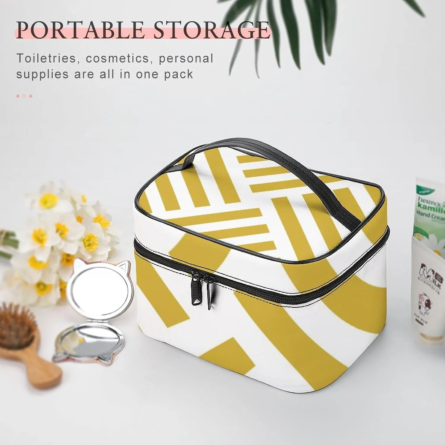 Makeup Bag, Geometric Stripe in Mustard Yellow Travel Cosmetic Bag Makeup Organizer Case Large Capacity Portable Zipper Toiletry Bag for Women