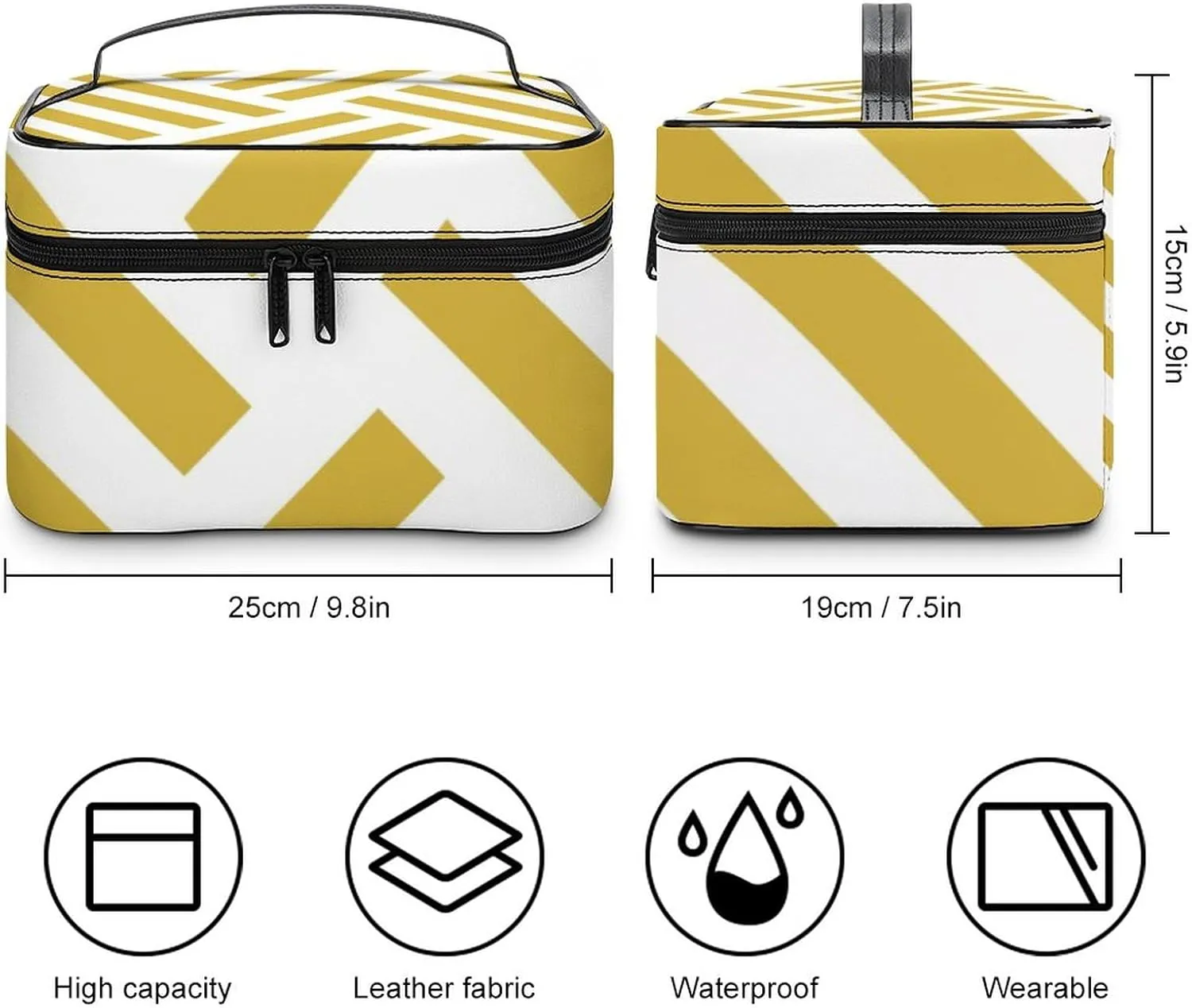 Makeup Bag, Geometric Stripe in Mustard Yellow Travel Cosmetic Bag Makeup Organizer Case Large Capacity Portable Zipper Toiletry Bag for Women