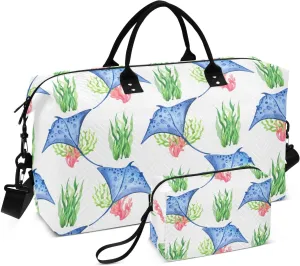 Manta Ray Seaweeds Coral Sports Gym Bag for Women Men Travel Duffel Bag Weekend Overnight Carry on Bag with Toiletry Bag Yoga Bag for Plane Hospital Workout Swimming Yoga