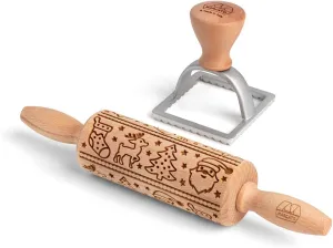 MARCATO Made in Italy Holiday Cookie Gift Set with Christmas pattern rolling pin and square shape stamp. Red set