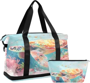 Marine Turtle Coral Soft Dream Travel Duffel Bag Waterproof Gym Sport Tote Bag Carry On Weekender Bag with Compartment
