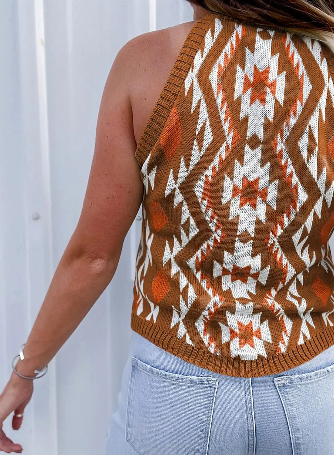 MARZXIN Women Sleeveless Sweater Tank Round Neck Casual Aztec Geometric Knit Sweater Top