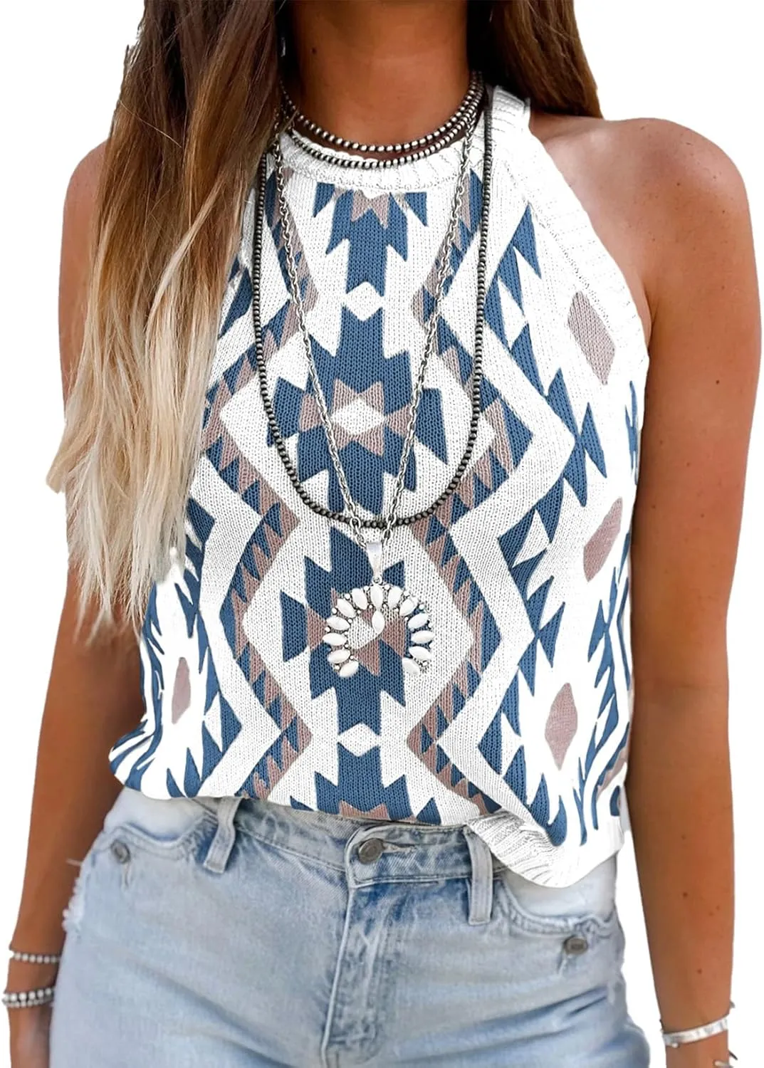 MARZXIN Women Sleeveless Sweater Tank Round Neck Casual Aztec Geometric Knit Sweater Top