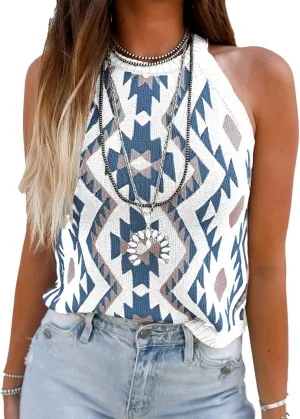 MARZXIN Women Sleeveless Sweater Tank Round Neck Casual Aztec Geometric Knit Sweater Top