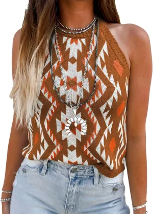 MARZXIN Women Sleeveless Sweater Tank Round Neck Casual Aztec Geometric Knit Sweater Top