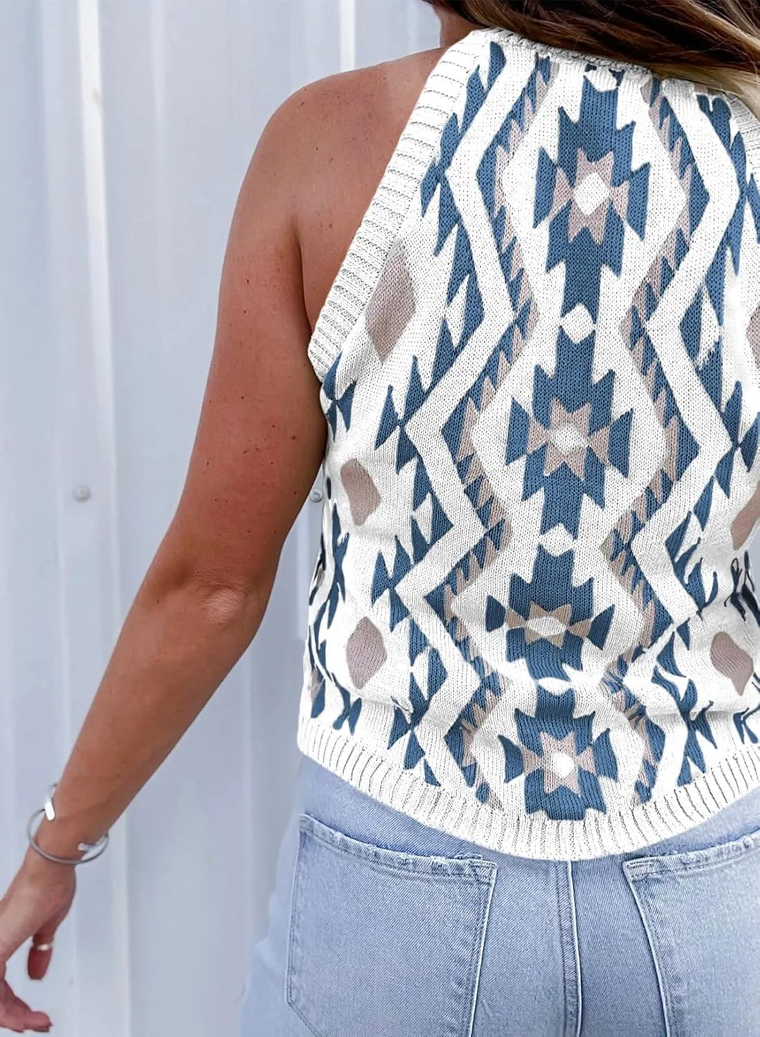 MARZXIN Women Sleeveless Sweater Tank Round Neck Casual Aztec Geometric Knit Sweater Top