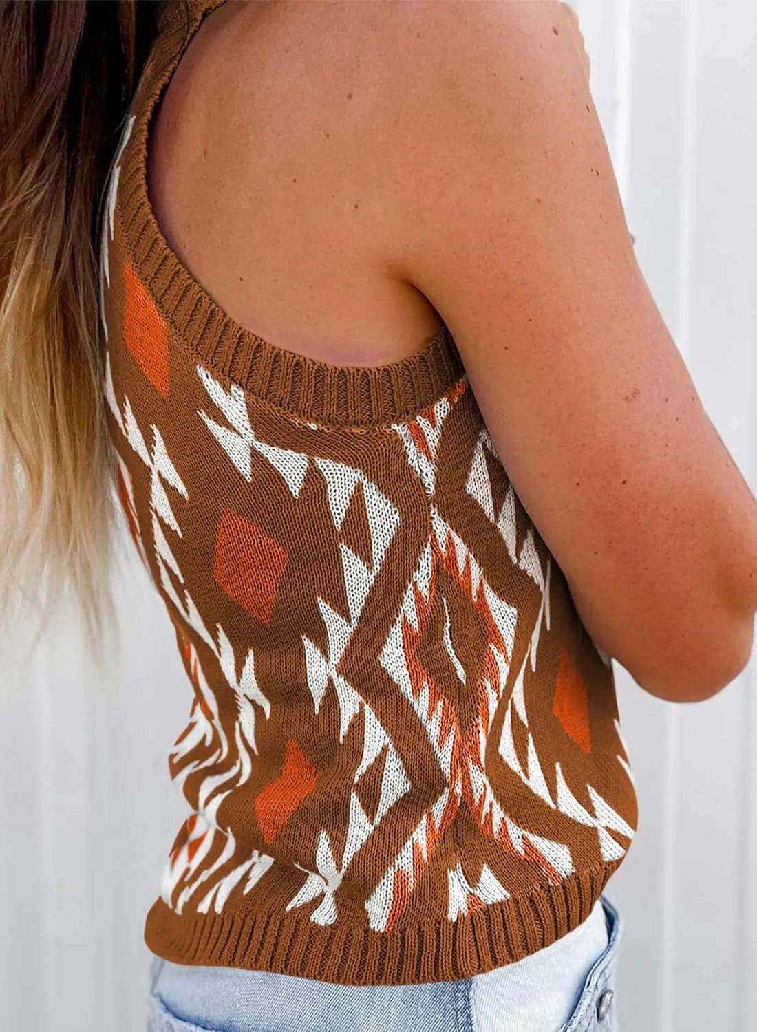 MARZXIN Women Sleeveless Sweater Tank Round Neck Casual Aztec Geometric Knit Sweater Top