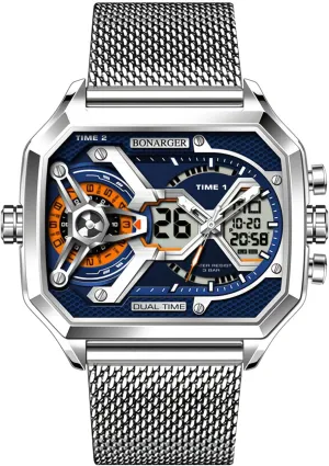 MASTOP Watches for Men Unique Rectangle Relojes para Hombres Wristwatch with Digital Analog Dual Time Display Countdown Stopwatch Punk Cool Design