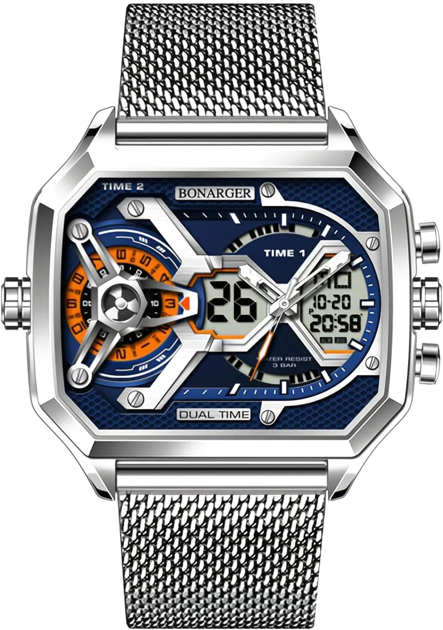 MASTOP Watches for Men Unique Rectangle Relojes para Hombres Wristwatch with Digital Analog Dual Time Display Countdown Stopwatch Punk Cool Design