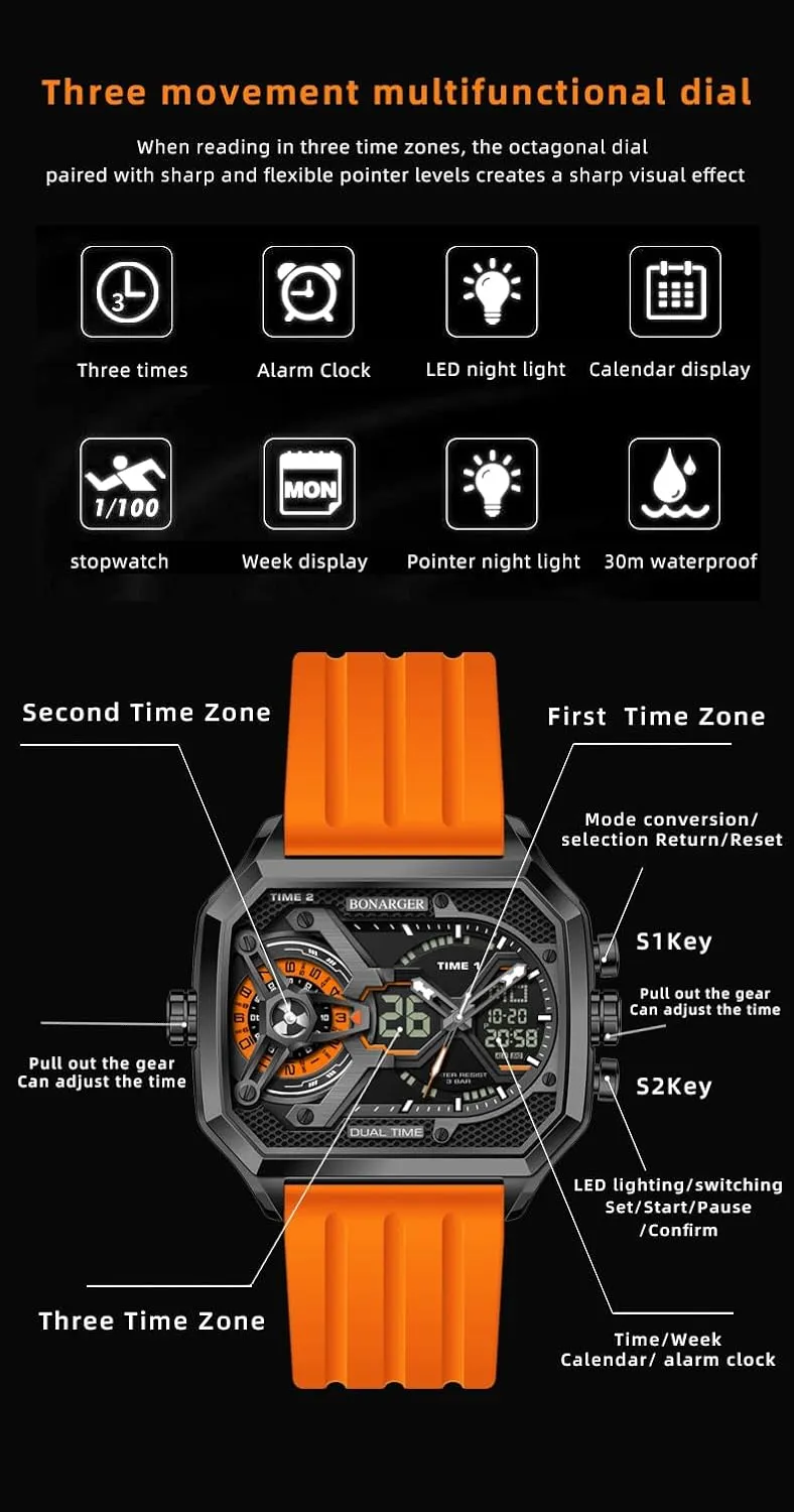 MASTOP Watches for Men Unique Rectangle Relojes para Hombres Wristwatch with Digital Analog Dual Time Display Countdown Stopwatch Punk Cool Design