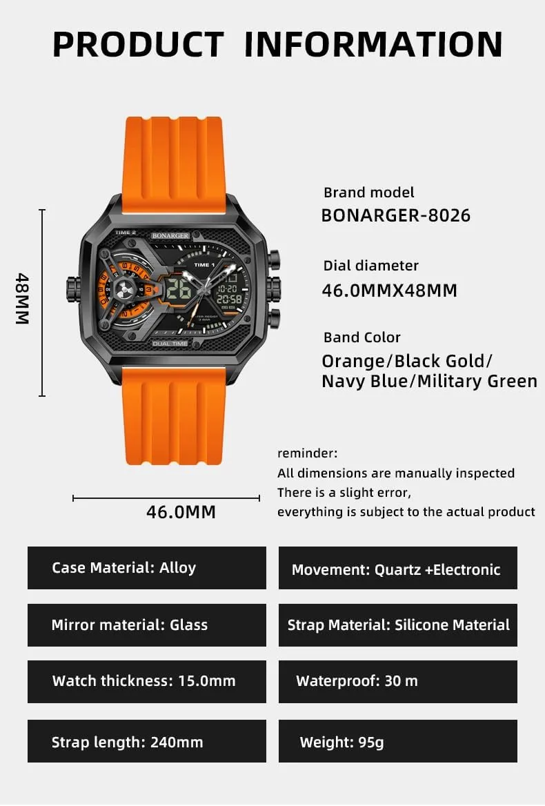 MASTOP Watches for Men Unique Rectangle Relojes para Hombres Wristwatch with Digital Analog Dual Time Display Countdown Stopwatch Punk Cool Design