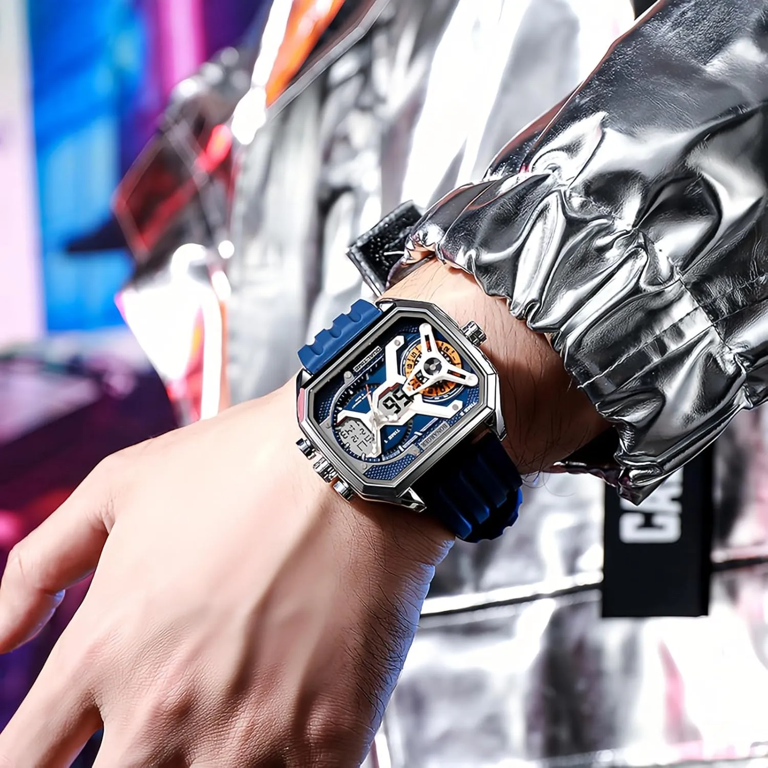 MASTOP Watches for Men Unique Rectangle Relojes para Hombres Wristwatch with Digital Analog Dual Time Display Countdown Stopwatch Punk Cool Design