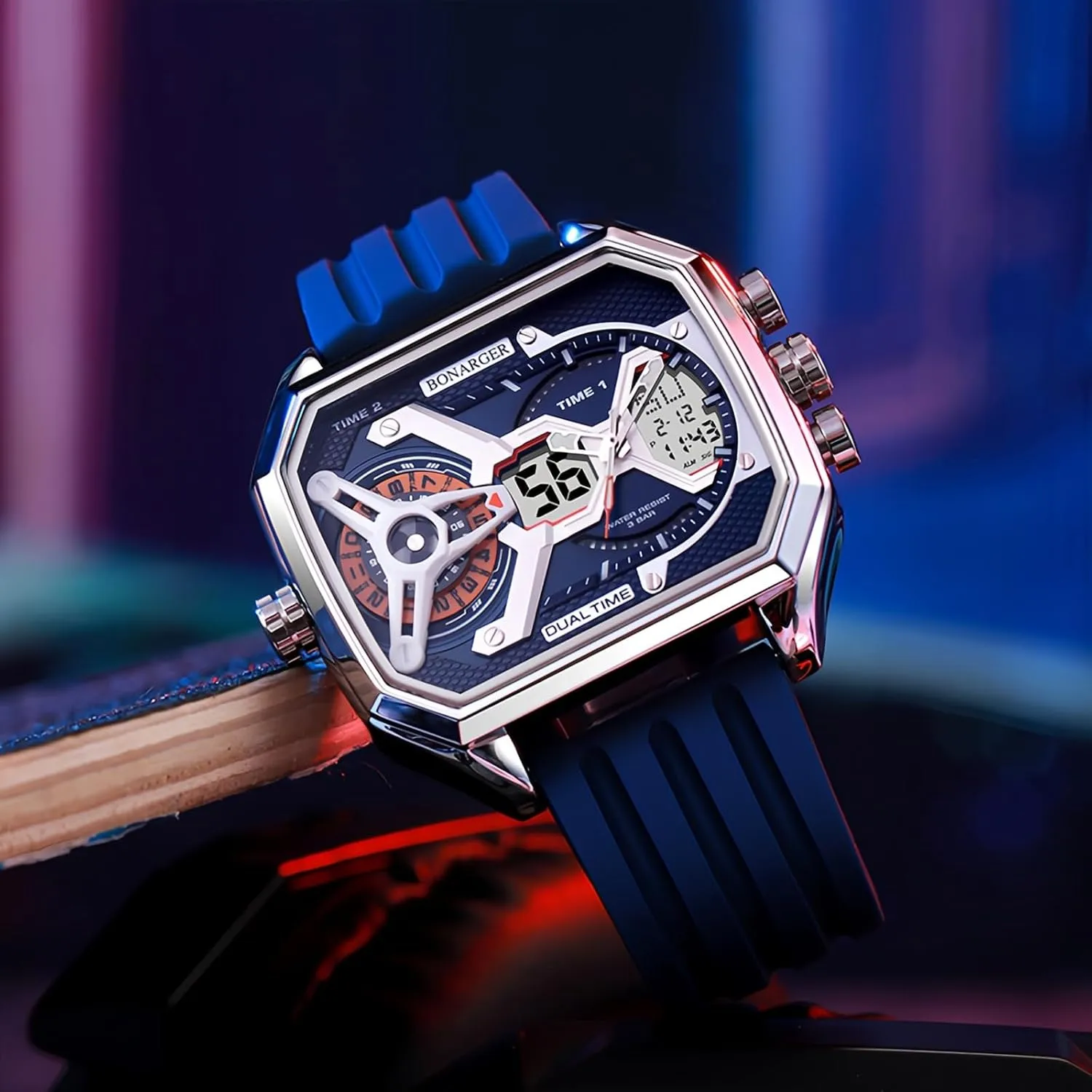 MASTOP Watches for Men Unique Rectangle Relojes para Hombres Wristwatch with Digital Analog Dual Time Display Countdown Stopwatch Punk Cool Design