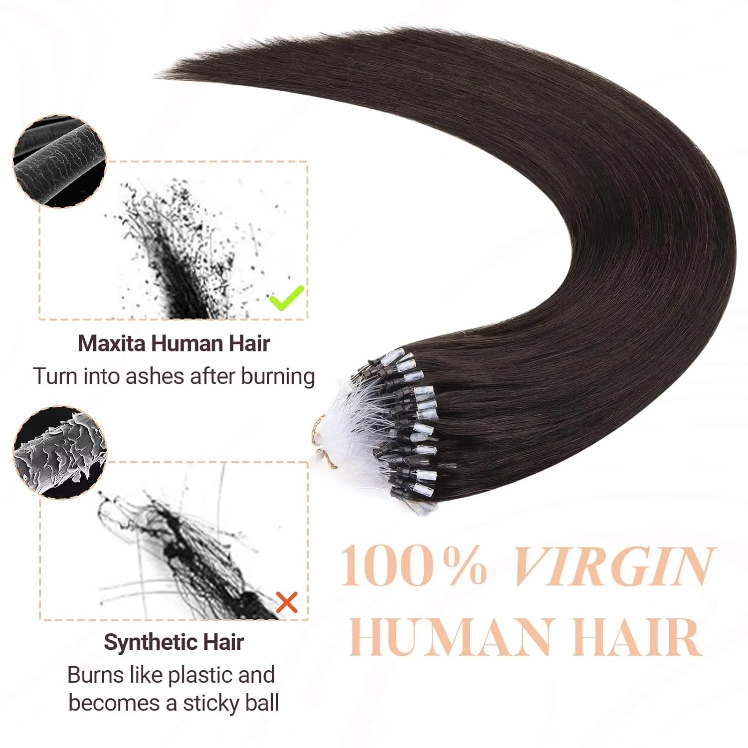 MAXITA Microlink Hair Extensions Human Hair Dark Brown Micro Bead Hair Extensions Virgin Human Hair, 50g/50 Strands/Pack, 14 In