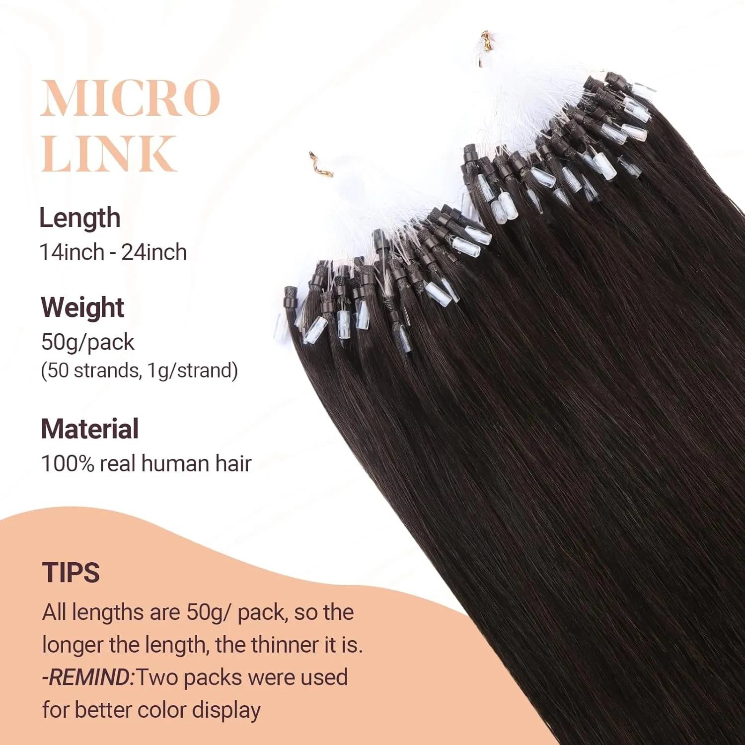 MAXITA Microlink Hair Extensions Human Hair Dark Brown Micro Bead Hair Extensions Virgin Human Hair, 50g/50 Strands/Pack, 14 In
