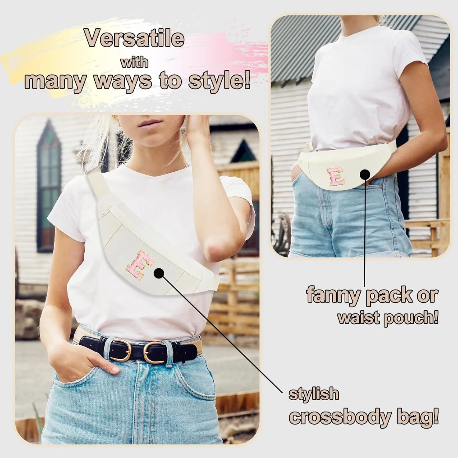 MAXTOP Birthday Gifts for Women Men,Personalized Initial Letter Patch Fanny Pack Crossbody Bag with 3-Zipper Christmas Gift Trendy Stuff for Daughter Sister Her,Beige E