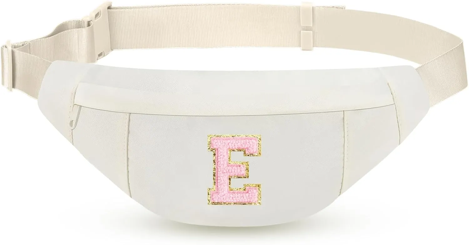 MAXTOP Birthday Gifts for Women Men,Personalized Initial Letter Patch Fanny Pack Crossbody Bag with 3-Zipper Christmas Gift Trendy Stuff for Daughter Sister Her,Beige E