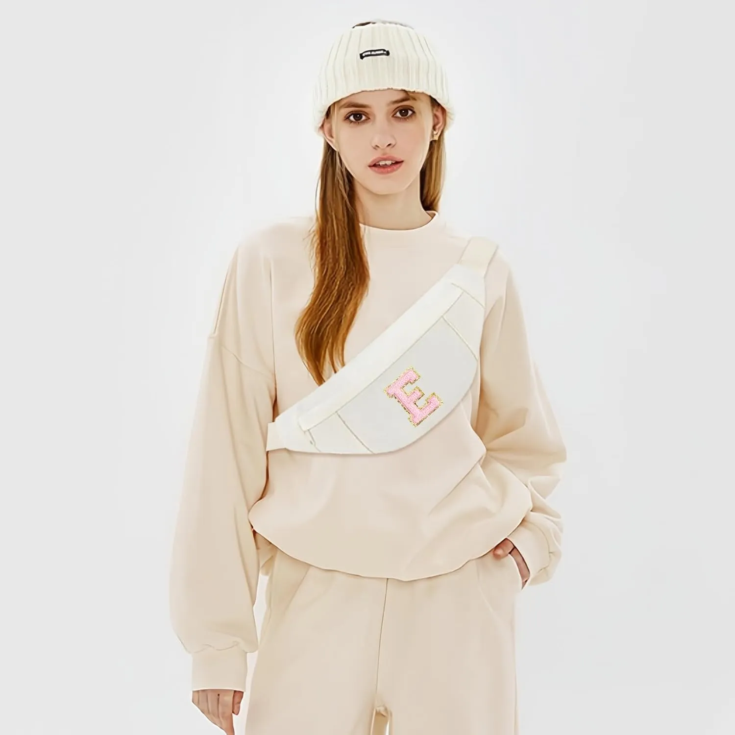 MAXTOP Birthday Gifts for Women Men,Personalized Initial Letter Patch Fanny Pack Crossbody Bag with 3-Zipper Christmas Gift Trendy Stuff for Daughter Sister Her,Beige E