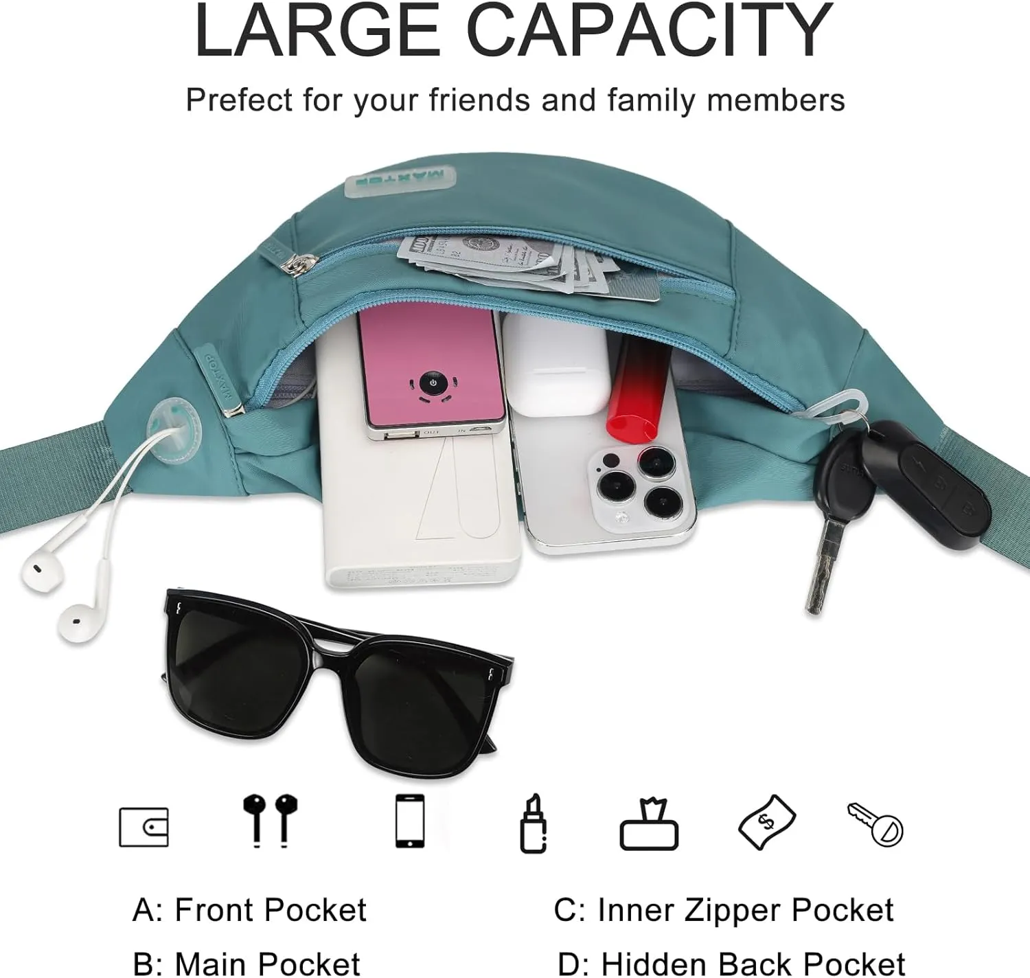 MAXTOP Large Crossbody Fanny Pack with 4-Zipper Pockets,Gifts for Enjoy Sports Festival Workout Traveling Running Casual Hands-Free Wallets Waist Pack Phone Bag Carrying All Phones