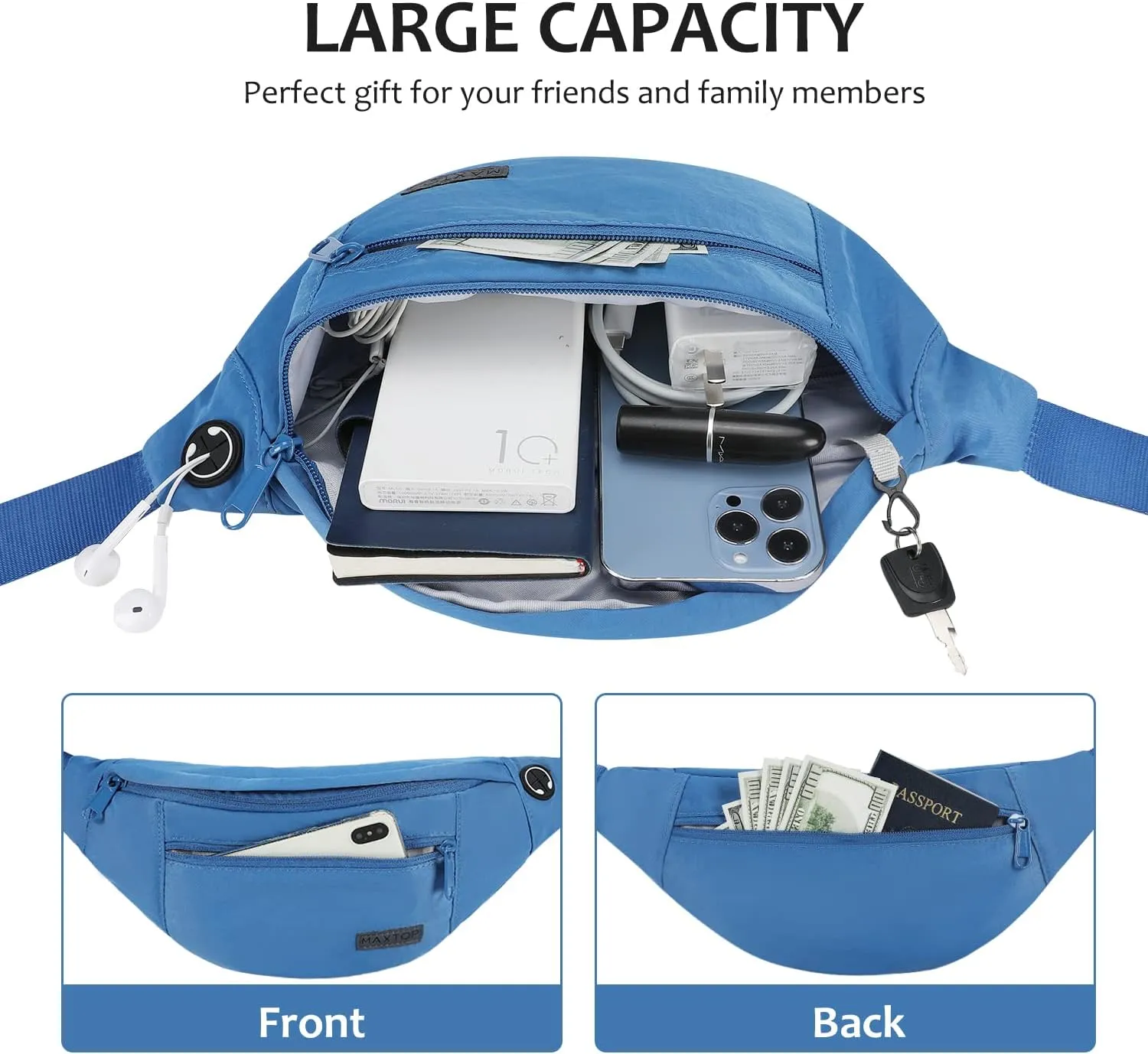 MAXTOP Large Crossbody Fanny Pack with 4-Zipper Pockets,Gifts for Enjoy Sports Festival Workout Traveling Running Casual Hands-Free Wallets Waist Pack Phone Bag Carrying All Phones
