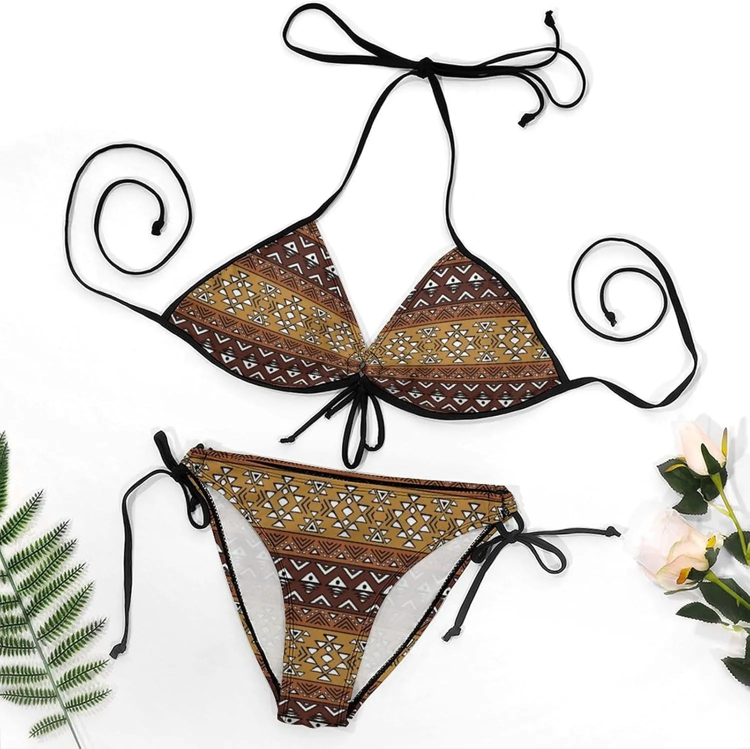 Maya Horizontal Geometric Pattern Women Bikini Sets Low Waist Tie Side V-Neck Halter Bathing Suit