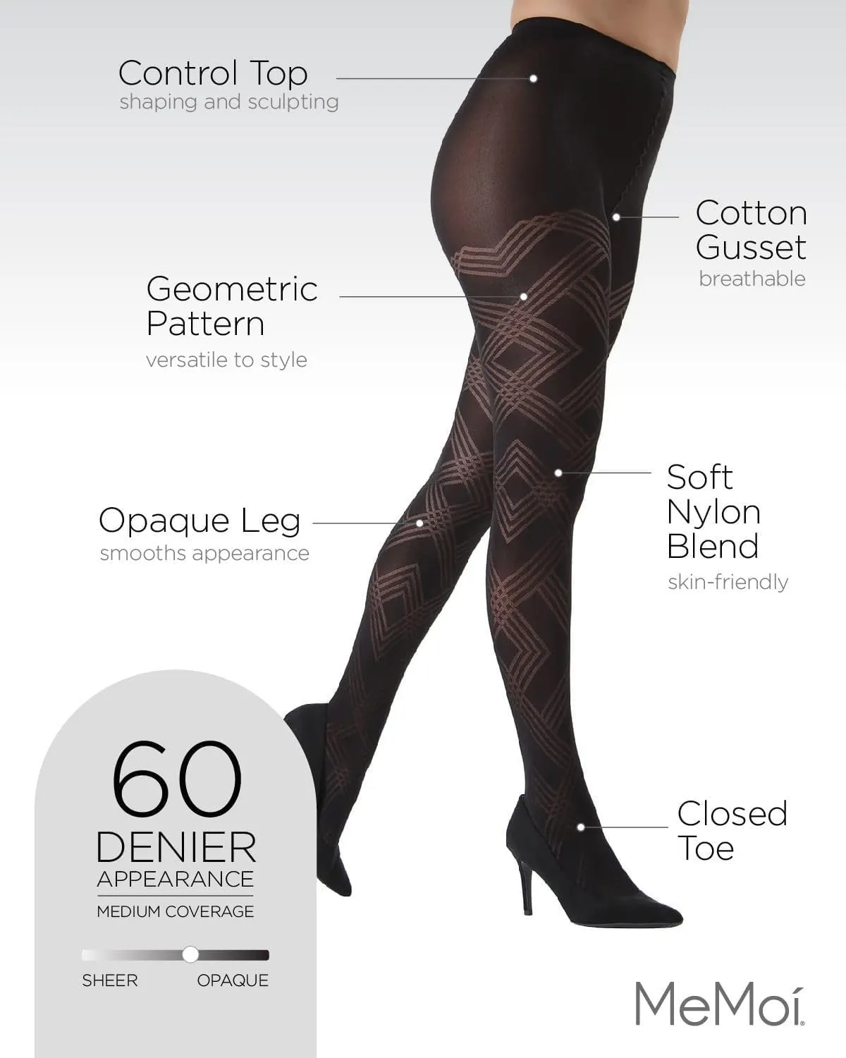 MeMoi Geometric Pattern Control Top Tights, Smoothing Opaque Tummy Control Tights, 60 Denier - Sizes Small to Q2