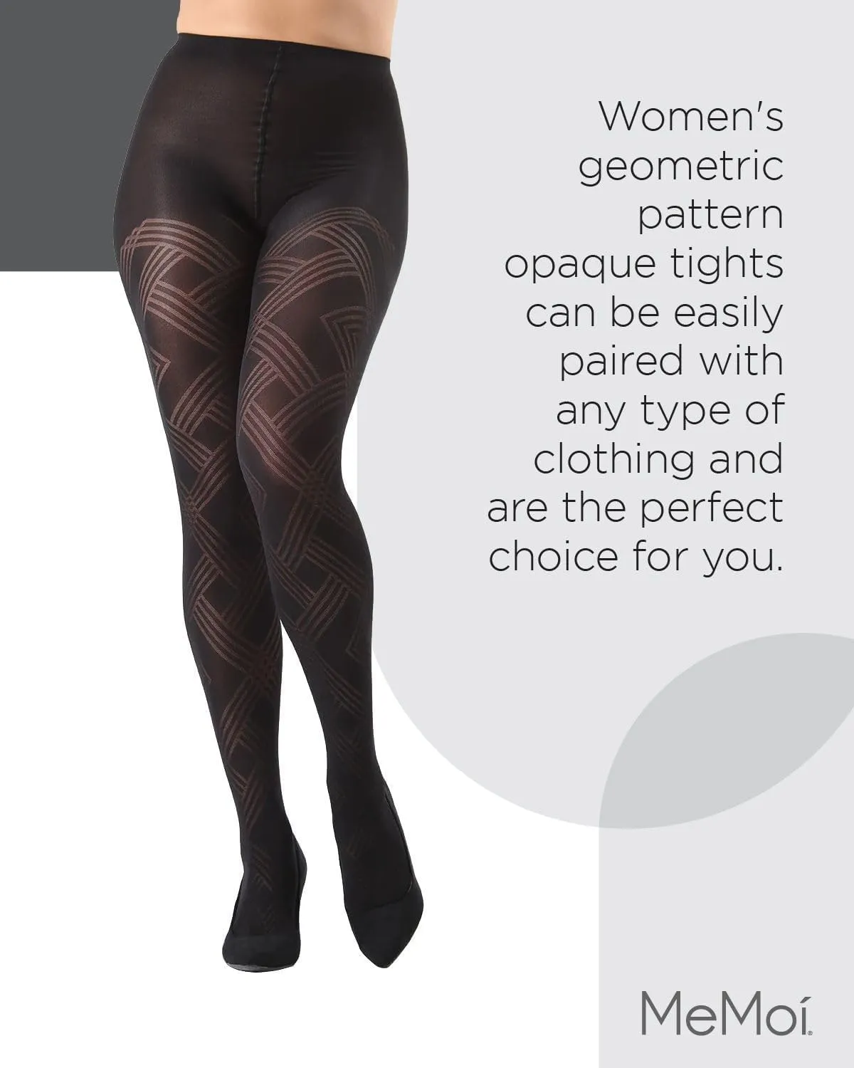 MeMoi Geometric Pattern Control Top Tights, Smoothing Opaque Tummy Control Tights, 60 Denier - Sizes Small to Q2