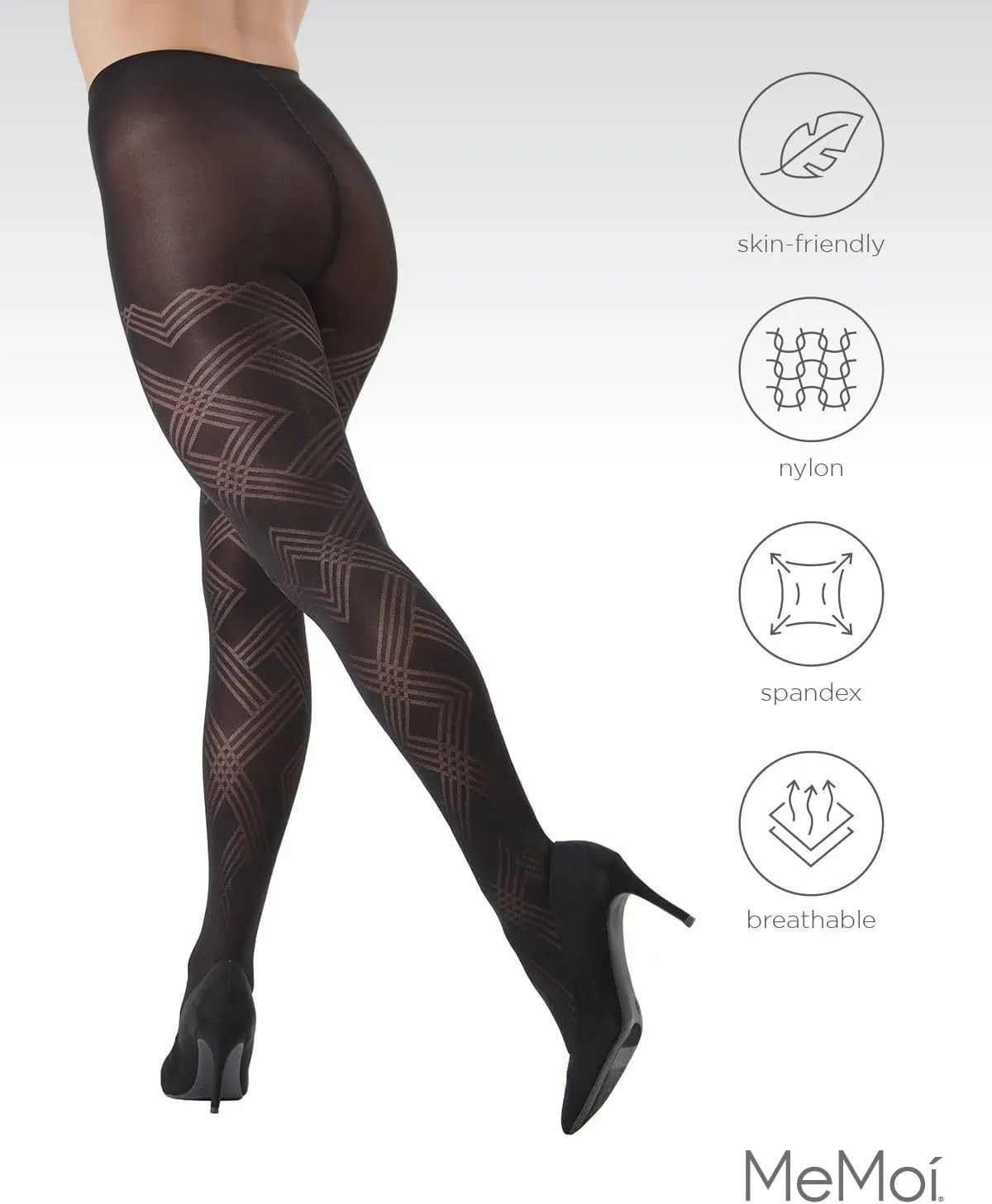 MeMoi Geometric Pattern Control Top Tights, Smoothing Opaque Tummy Control Tights, 60 Denier - Sizes Small to Q2