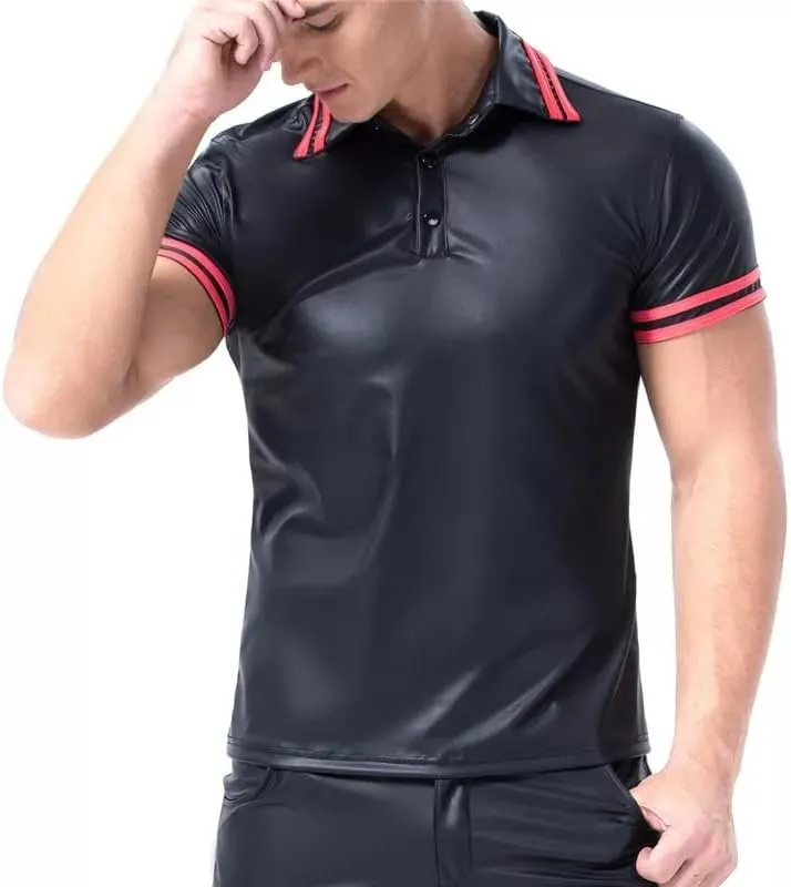 Men Shiny Leather T-Shirt, Plus Size, Soft Matte, Short Sleeve, Sexy Polo Shirt for Male