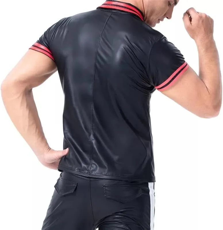 Men Shiny Leather T-Shirt, Plus Size, Soft Matte, Short Sleeve, Sexy Polo Shirt for Male