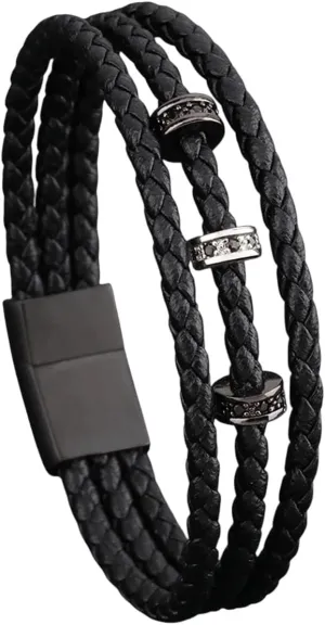 Men Strand Leather Bracelet Matte Black Stainless Steel Buckle Cz Crown Beads Accessories Handmade Gift