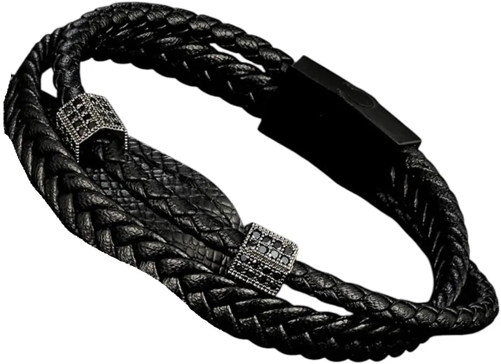 Men Strand Leather Bracelet Matte Black Stainless Steel Buckle Cz Crown Beads Accessories Handmade Gift